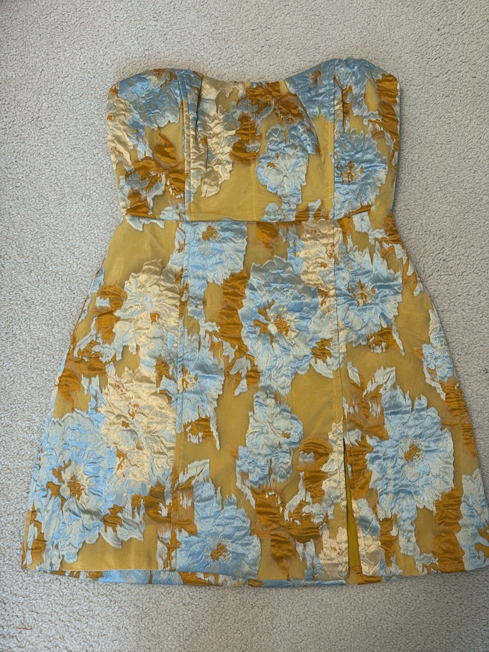 Strapless Floral Brocade Mini Dress in Mustard & Pale Blue